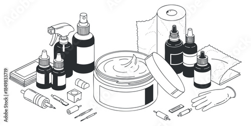 A collection of skincare and beauty products including bottles, creams, and tools in minimalist black and white vector style, perfect for spa and wellness branding