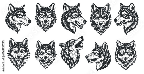 A collection of ten wolf head illustrations in detailed black and white vector style, ideal for wildlife and nature designs