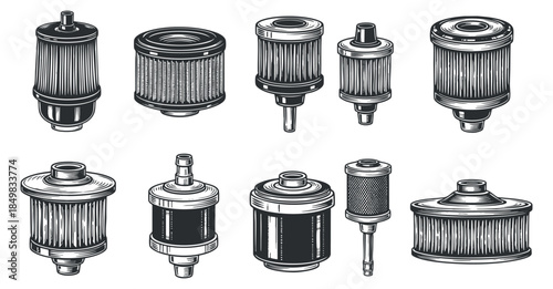 A collection of various automotive filters in detailed black and white vector illustration style, ideal for technical design and automotive projects
