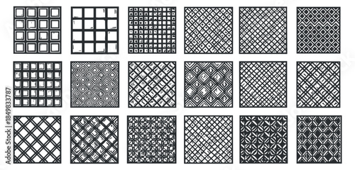 A collection of geometric black and white patterns featuring various grid designs in minimalist vector style, ideal for backgrounds and textiles