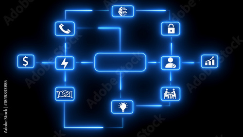 Blue neon flowchart with icons for business technology and communication on black graphic design