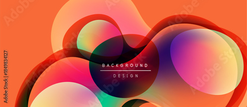 Abstract fluid shapes overlap, creating vibrant color gradients. Orange background complements dynamic design elements. Modern, artistic composition.