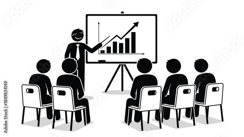 A presenter explains a chart to a group of people seated in a meeting room