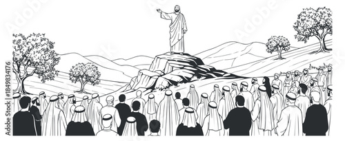 A depiction of Jesus preaching to a crowd on a rocky landscape surrounded by trees in black and white outline style, ideal for religious illustrations