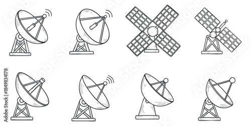 A set of satellite dishes and wind turbines in clean outline vector style, suitable for technology and communication projects