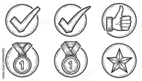 A collection of award and recognition icons including check marks, thumbs up, and medals in hand-drawn outline style, suitable for achievement and success themes