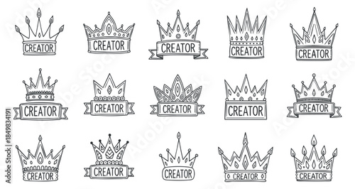 A collection of decorative crowns and creator badges in minimalist outline vector style, suitable for branding and creative projects
