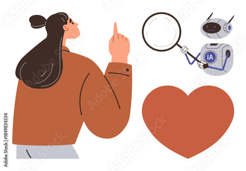 Woman pointing while AI robot with magnifying glass analyzes, next to large heart. Ideal for technology, AI, innovation, research, human-machine interaction, relationships and health themes. Simple
