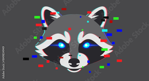 Futuristic raccoon head with neon eyes and digital glitch effects on a gray background