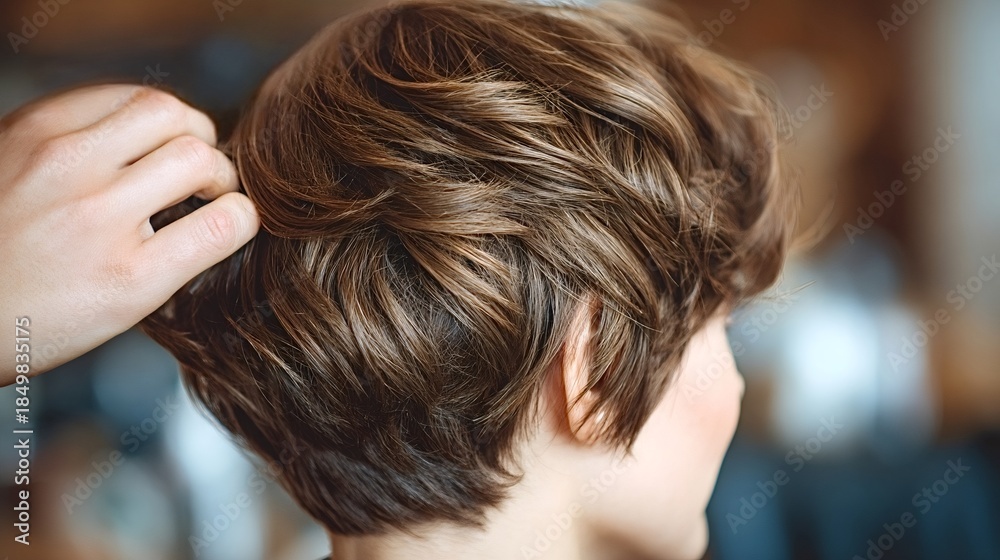 Fototapeta premium Hairdresser providing a professional haircut service, carefully styling a woman's short brown pixie cut with fingers, focusing on the texture and modern look of the hairstyle in a beauty salon