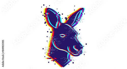 Vibrant kangaroo head with glitch art effects showcasing modern artistic expression