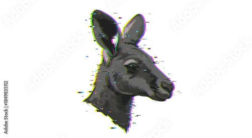 Digital glitch art of a kangaroo head with distorted visual effects and vibrant colors