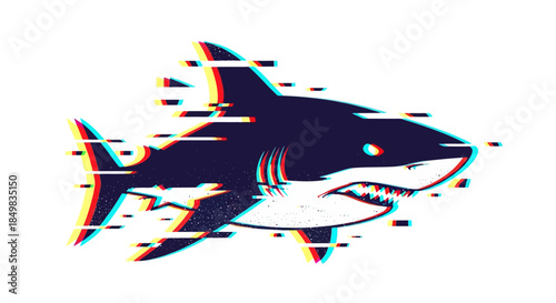 Glitch art of a shark against a white background showcasing digital distortion effect