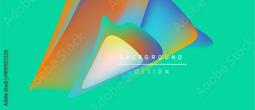 Abstract fluid shapes overlap, creating vibrant color gradients. Turquoise background complements orange, blue hues. Text reads background design.