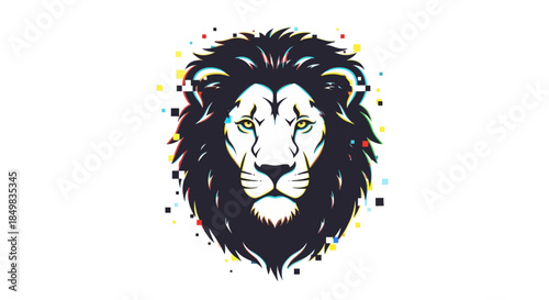 Digitally enhanced lion head artwork featuring a unique pixelated glitch effect
