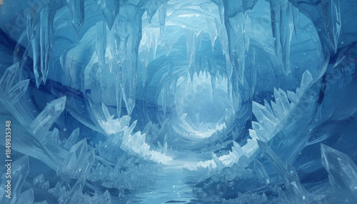 Mystical Blue Ice Cave Interior with Crystals and Cool Tones in a Wide Shot for Upscale Visuals