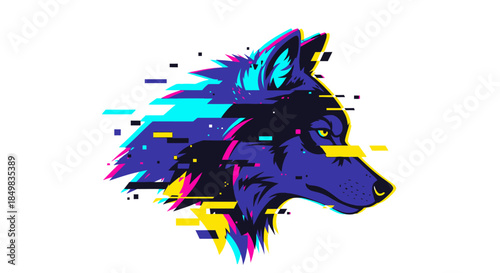 Abstract wolf head illustration with a glitch effect and vibrant colors  artistic design