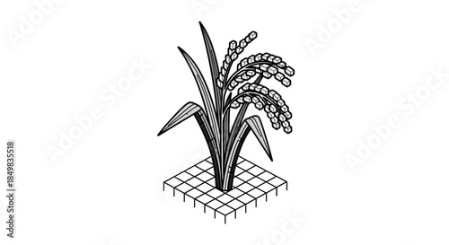 Stylized illustration of a rice plant growing from a grid system concept art design