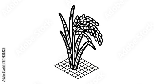 Detailed monochrome line art illustration of a rice plant on a grid background agriculture symbol