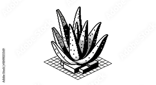 Minimalist pixel art illustration of an aloe vera plant on a grid background design