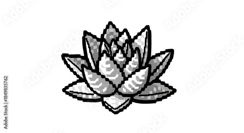 Black and White Pixel Art Lotus Flower Blossom on Isolated Background Decorative Graphic