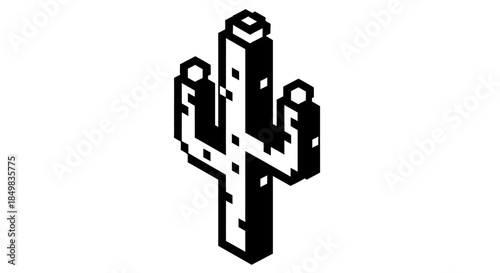 Isometric pixel art illustration of a cactus in black and white style design icon vector isolated