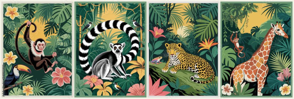 Obraz premium Vibrant poster set illustration of jungle animals including howler monkey, toucan, lemur, jaguar, and giraffe among tropical foliage and flowers.