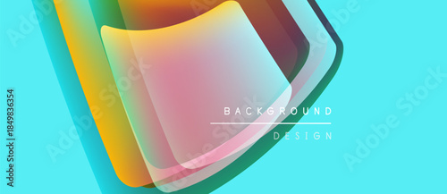 Abstract layers create vibrant, flowing design. Turquoise backdrop complements colorful shapes, offering modern aesthetic. Minimal text present.