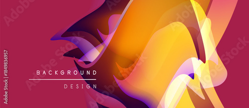 Abstract fluid shapes overlap, creating vibrant color gradients. Design features orange, purple, yellow hues on burgundy backdrop. Modern aesthetic.