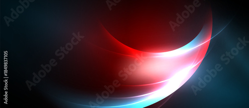 Abstract design features vibrant red, white, blue hues. Smooth curves create dynamic energy, flowing across dark background. Modern, sleek aesthetic.