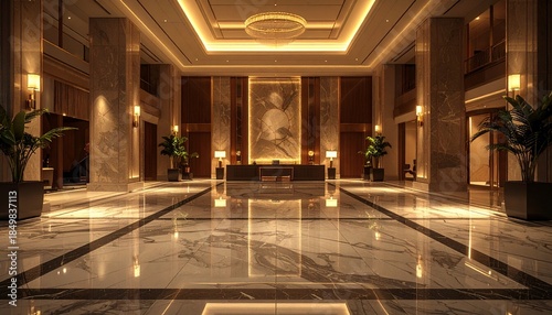 夜の照明が美しい豪華ホテルロビー