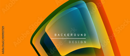 Abstract design features layered shapes, vibrant colors. Orange background contrasts with central blue, green elements. Text reads background design.