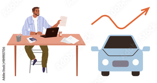 Man reviewing papers at desk with laptop while car and upward trend arrow represent financial growth. Ideal for business, analysis, finance, auto market, economy, planning, success. Modern flat