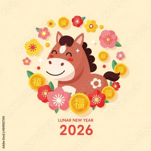 Lunar New Year 2026 Celebration with Smiling Horse and Colorful Flowers