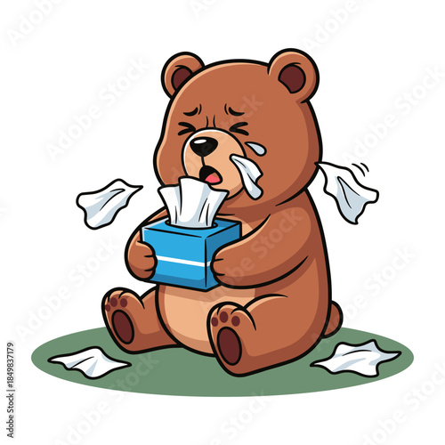 Sick cartoon bear blowing nose with crumpled tissues