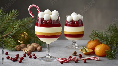 two glasses with trifle. candied cranberries, meringue balls, and chocolate on top