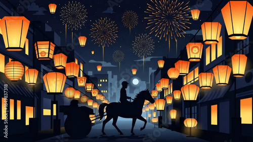 Vibrant Night Scene with Horse-Drawn Carriage, Lanterns, and Fireworks in a Bustling Cityscape