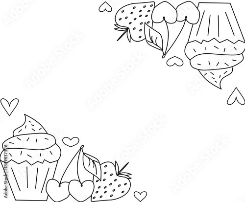 Cupcakes and muffins with cherry and strawberry Frame rectangle Valentine's Day. Vector graphic line black and white illustration. Bakery frame graphics, food magazine border, tea room menu.