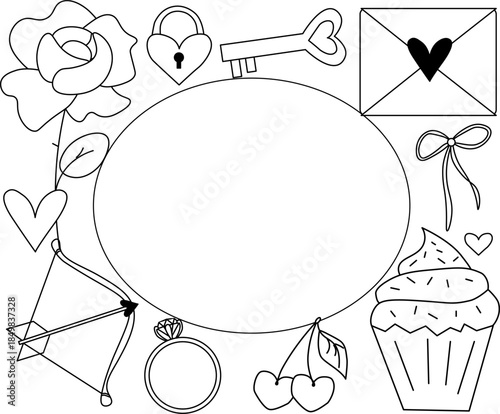 Valentine's Day Frame oval rectangle Vector graphic line black and white illustration. Perfect for spring holidays. With love. Hand drawn frame, greeting card. Vector illustration