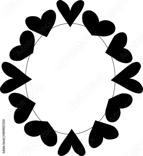 Black hearts Frame oval Valentine's Day. Vector graphic line black and white illustration. For poster, invitation, backdrop, ad, sale promotion, print for t-shirt logo, web, package, sticker.