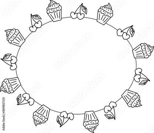 Cupcake with cherries Frame oval Valentine's Day. Vector graphic line black and white illustration. For poster, invitation, backdrop, ad, sale promotion, print for t-shirt