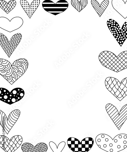 Doodle hearts Frame rectangle Valentine's Day. Vector graphic line black and white illustration. Silhouette sign for logo, print, comics, fashion, pop art, boards, design, stickers, decoration