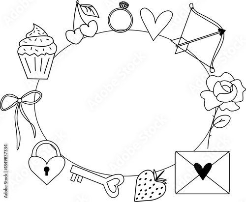 Valentine's Day Pink Heart and Bow Frame oval . Vector graphic line black and white illustration. For poster, invitation, backdrop, ad, sale promotion, print for t-shirt