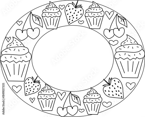 Cupcake with cherries, strawberries and hearts. Frame oval Valentine's Day. Vector graphic line black and white illustration. Design for package, cosmetic, textile, cards.