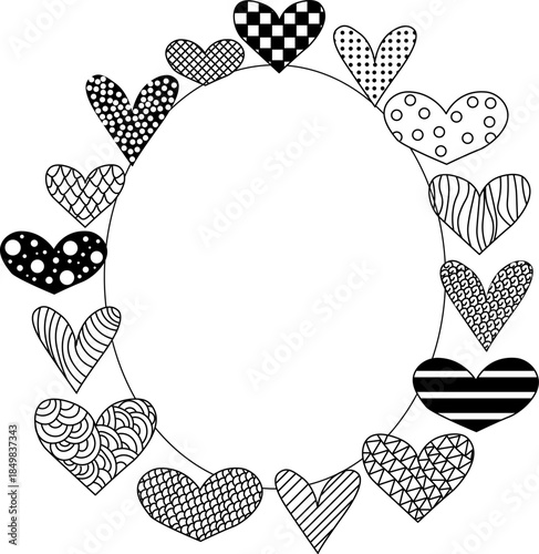 Doodle hearts Frame oval Valentine's Day. Vector graphic line black and white illustration. Romantic banner. For poster, invitation, backdrop, ad, sale promotion, print for t-shirt