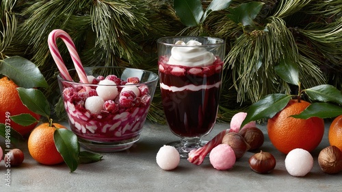 two glasses with trifle. candied cranberries, meringue balls