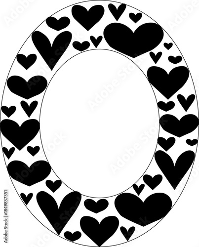 Black hearts Frame oval Valentine's Day. Vector graphic line black and white illustration. Silhouette sign for logo, print, comics, fashion, pop art, boards, design, stickers, decoration