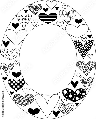 Hand drawn doodle hearts Frame oval Valentine's Day. Vector graphic line black and white illustration. Copy space Template for package, holiday design, fabric and textile.