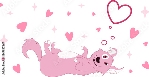 Sweet vector cartoon pink dog lying on its back dreaming of love with a heart thought bubble, perfect for Valentine's Day and romantic pet-themed graphics.