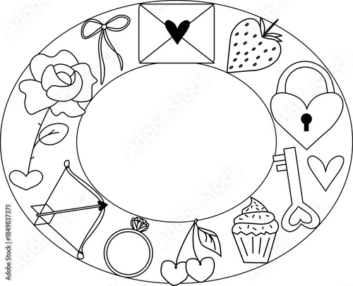 Frame oval Valentine's Day. Vector graphic line black and white illustration. For poster, invitation, backdrop, ad, sale promotion, print for t-shirt logo, web, package, sticker.